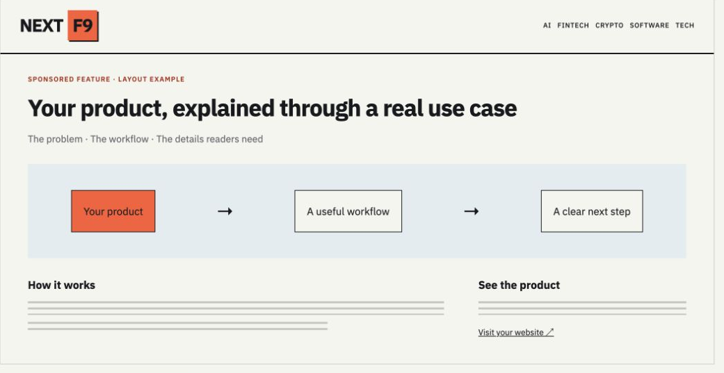 Layout example of a sponsored article on Next F9