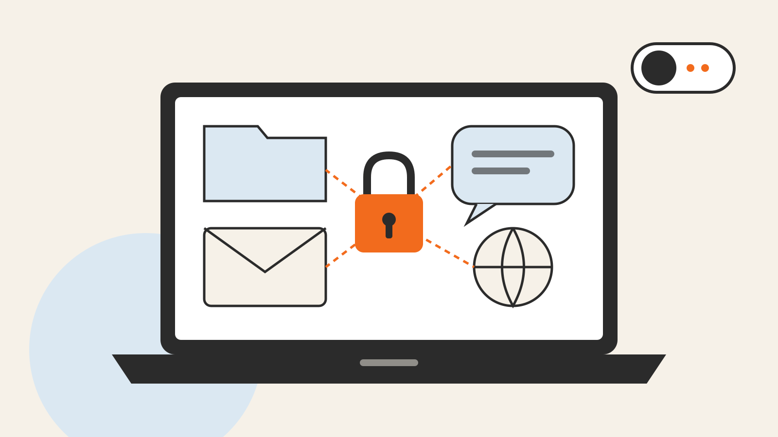 A laptop screen with a padlock in the center connected to icons for files, mail, messages and web browsing, next to a permission toggle