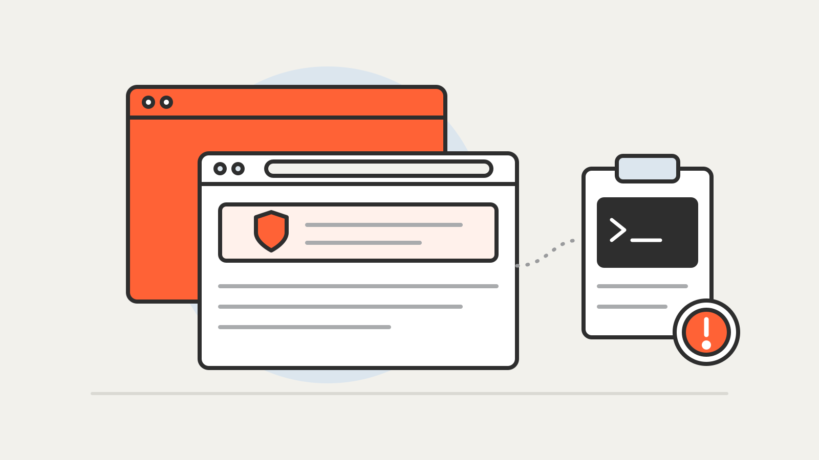 Illustration of two browser windows, one full-page warning and one with a shield banner, linked to a clipboard holding a command prompt and an alert badge