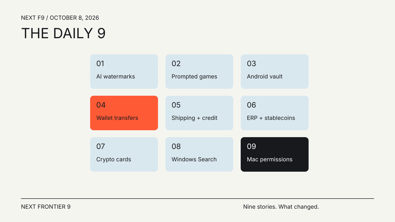 The Daily 9 for October 8, 2026: nine numbered cards for AI, payments, crypto and device security.