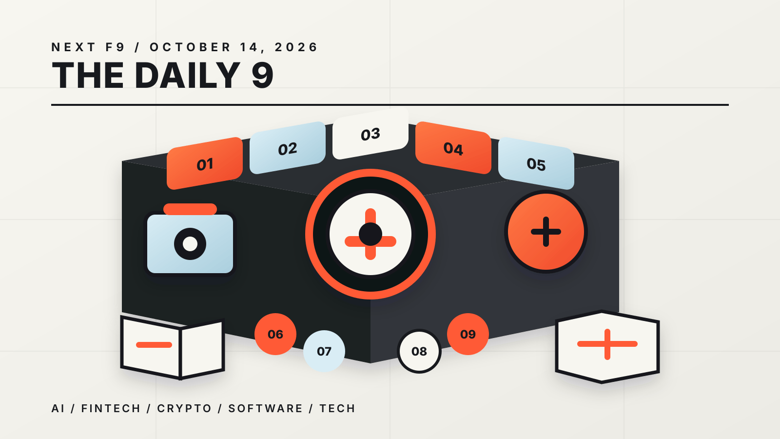 The Daily 9, October 14, 2026: a graphite briefing console with nine numbered controls, a camera, payment card and security vault.