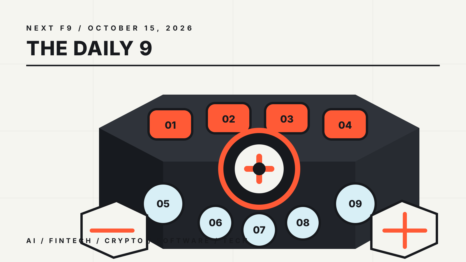 The Daily 9 for October 15, 2026: nine numbered controls around an orange briefing console.