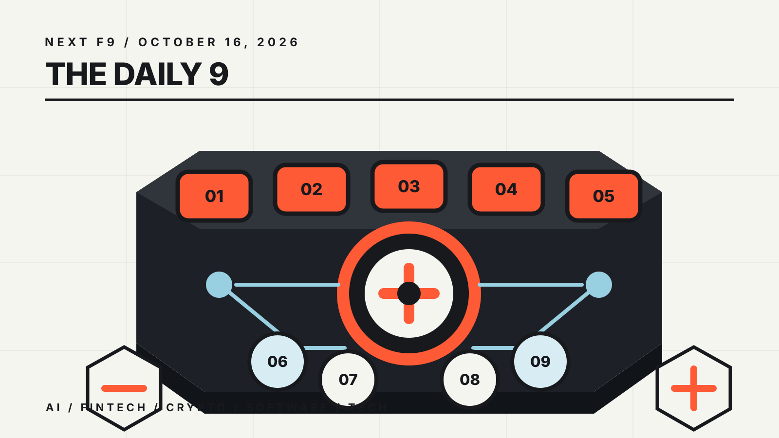 The Daily 9 for October 16, 2026: nine numbered controls around a graphite signal-routing console.