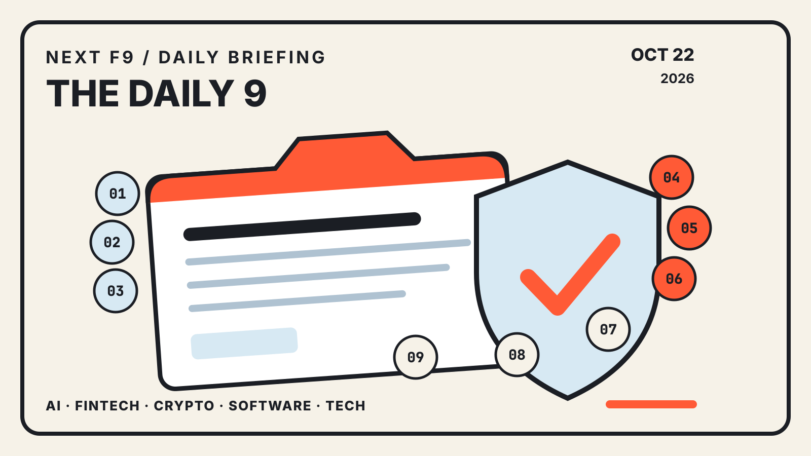 The Daily 9 for October 22, 2026: a nine-item briefing folder protected by a verification shield.