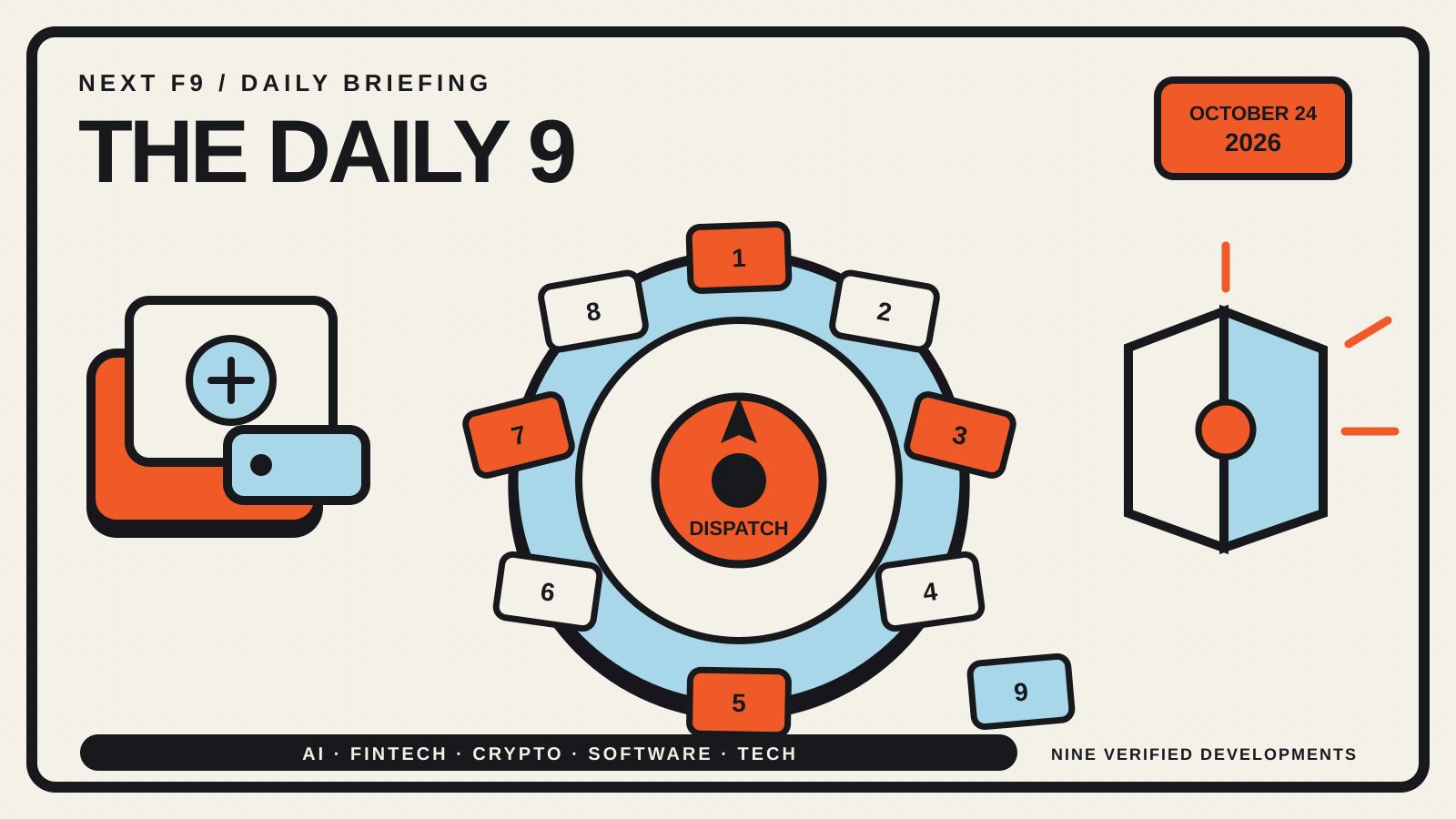 The Daily 9 for October 24, 2026: nine event cards around a newsroom dispatch dial.