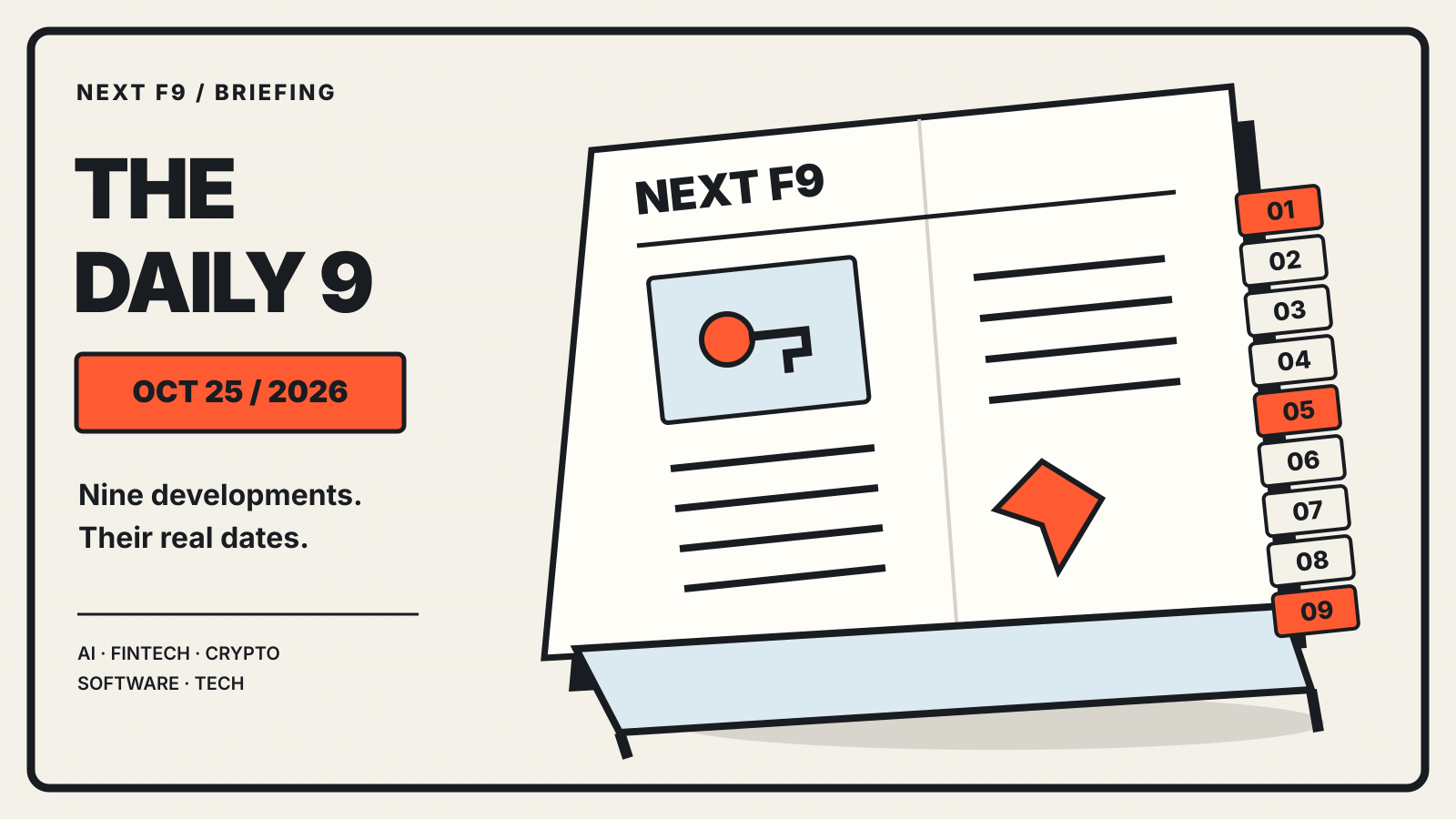 An illustrated broadsheet in a newspaper rack has nine numbered index tabs beside the October 25, 2026 Daily 9 masthead.