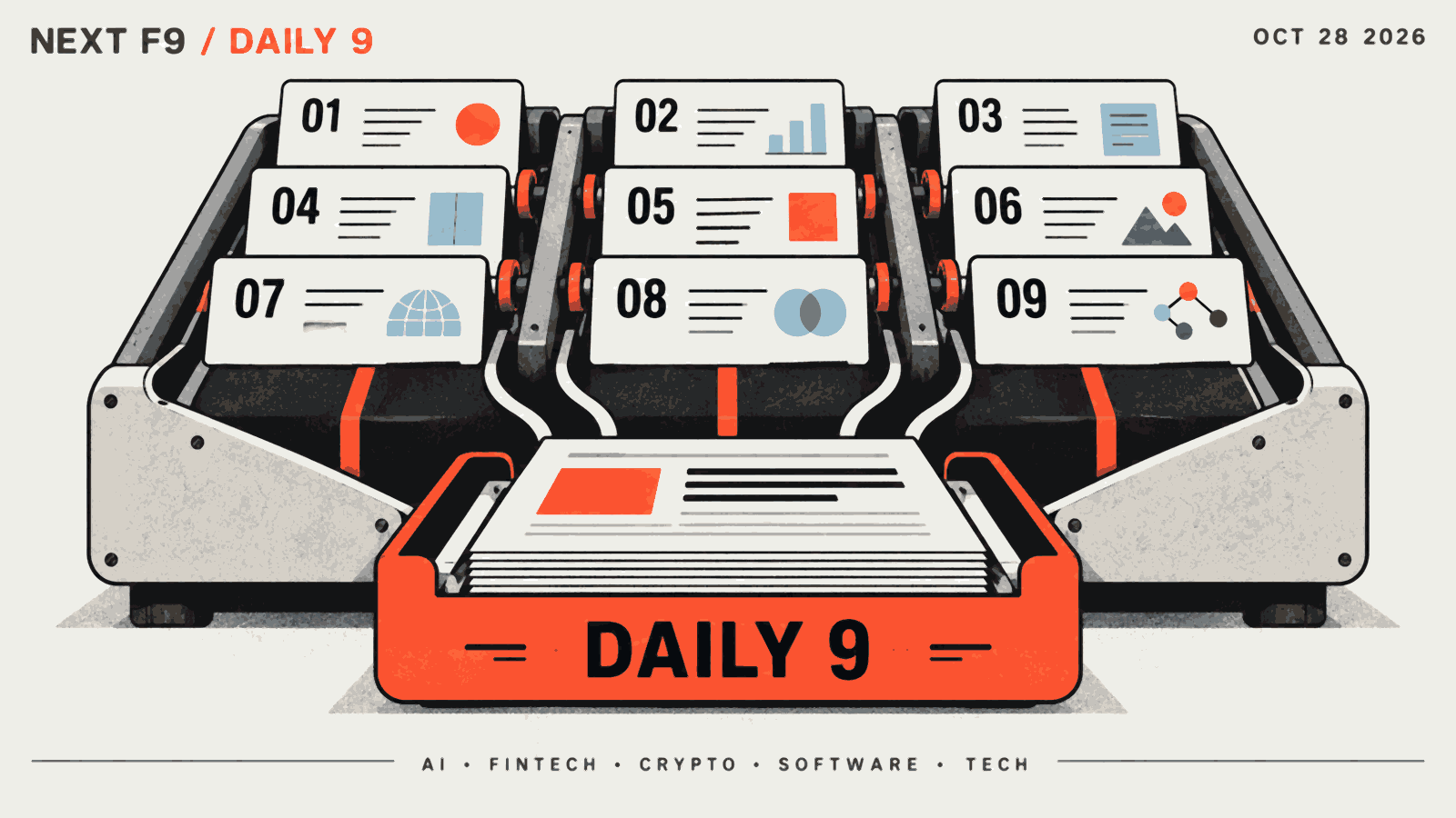 A mechanical newsroom sorting tray routes nine numbered briefing cards into one Daily 9 edition.