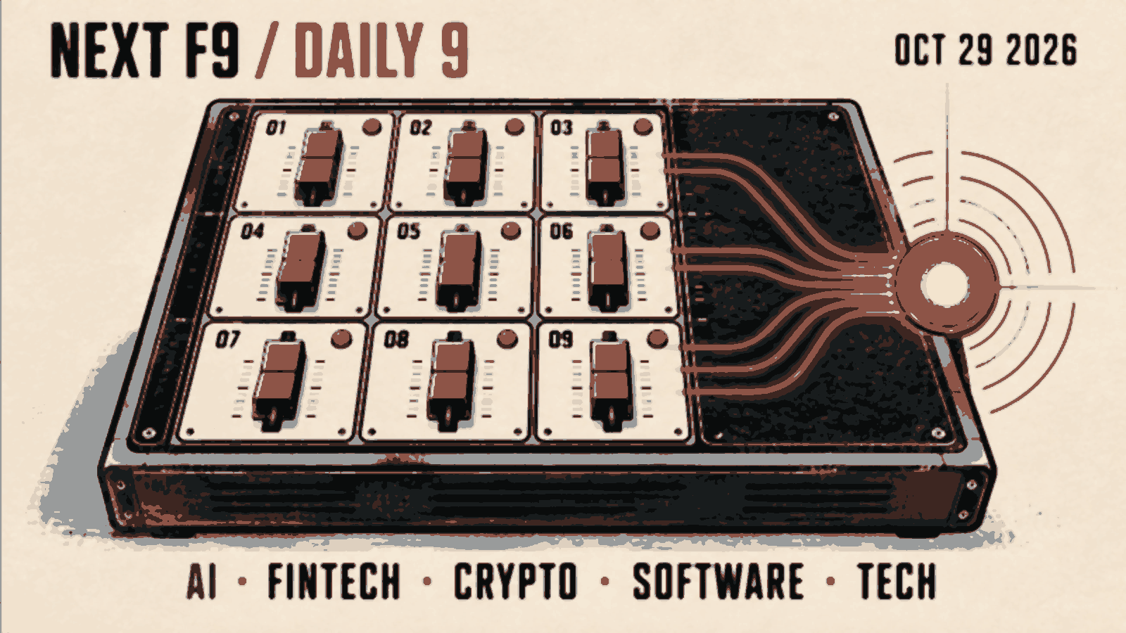 A vintage broadcast mixing desk routes nine numbered channels into one orange Daily 9 signal.