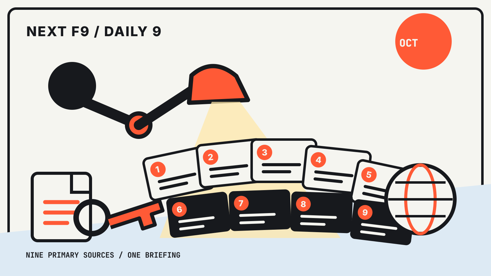 A desk lamp illuminates nine numbered source cards, a document, a passkey and a globe for the October 30 Daily 9 briefing.