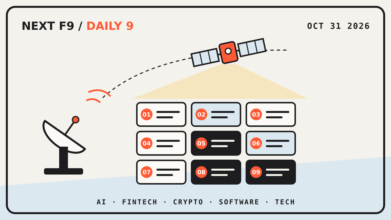 A satellite in orbit and a ground-station dish above nine numbered story cards for the Daily 9, October 31, 2026.