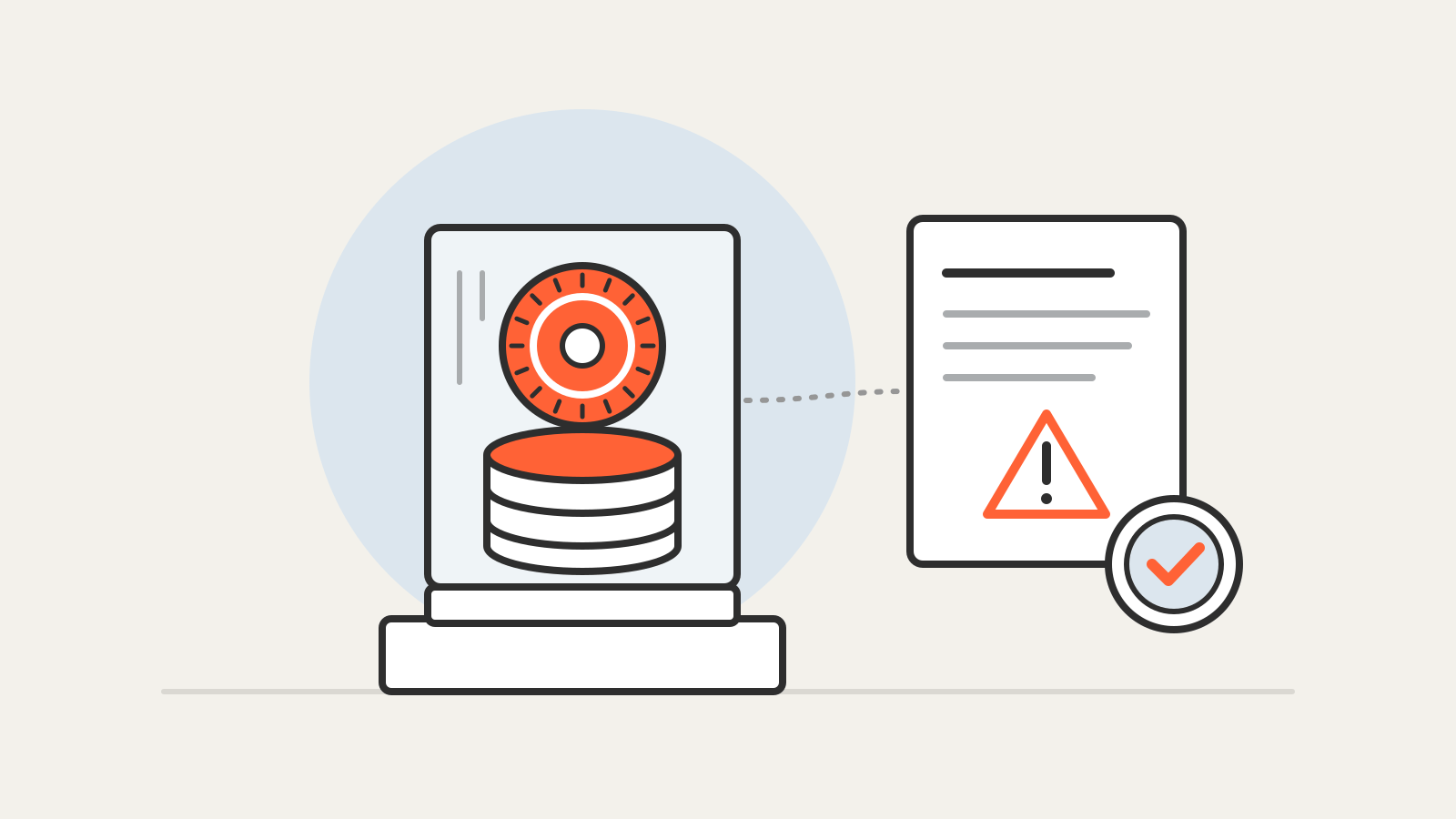Illustration of a bitcoin coin and coin stack in a glass display case beside a fund document with a risk warning and an approval seal