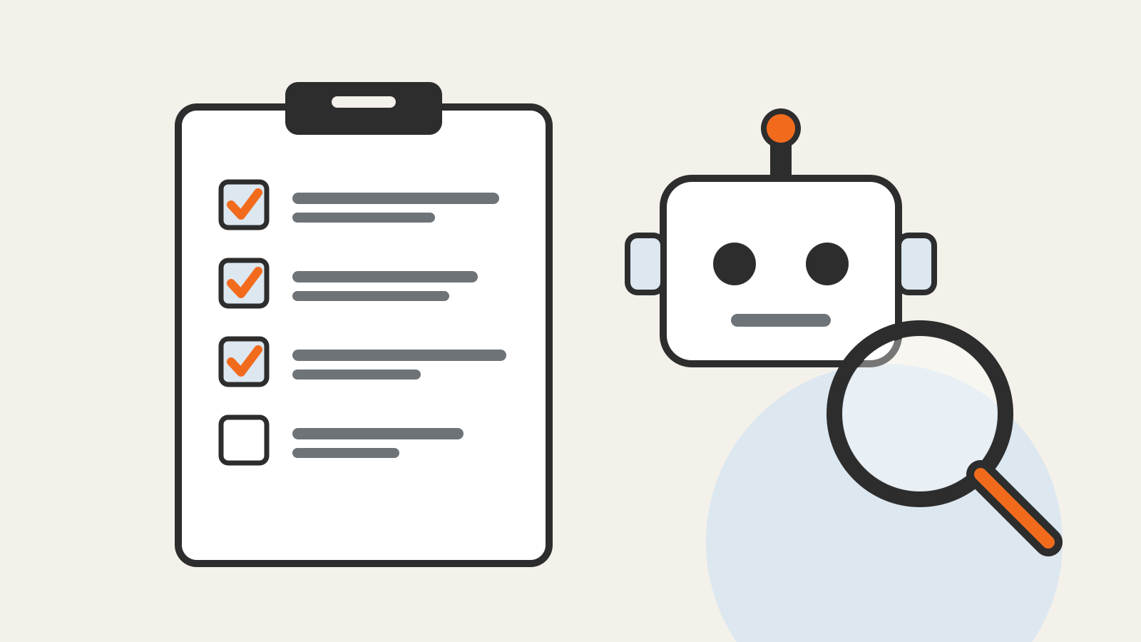 A checklist with ticked items beside an AI assistant under a magnifying glass, illustrating regulatory review of AI developers.