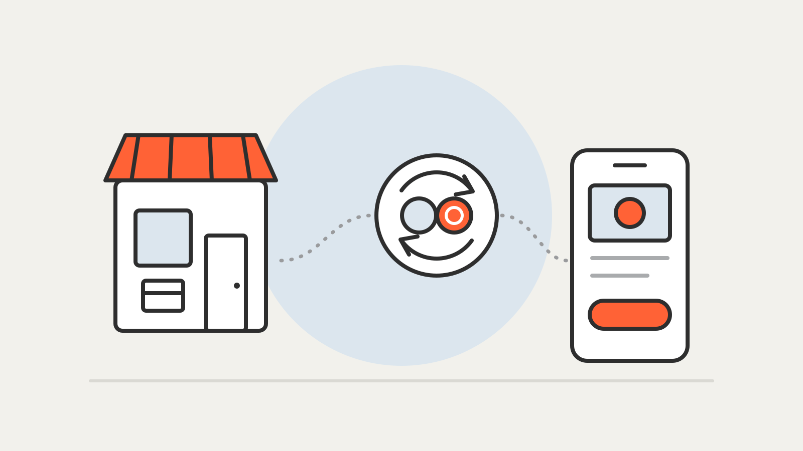 Illustration of a storefront linked by a dotted route through a currency-conversion dial with two coins to a phone showing a checkout button