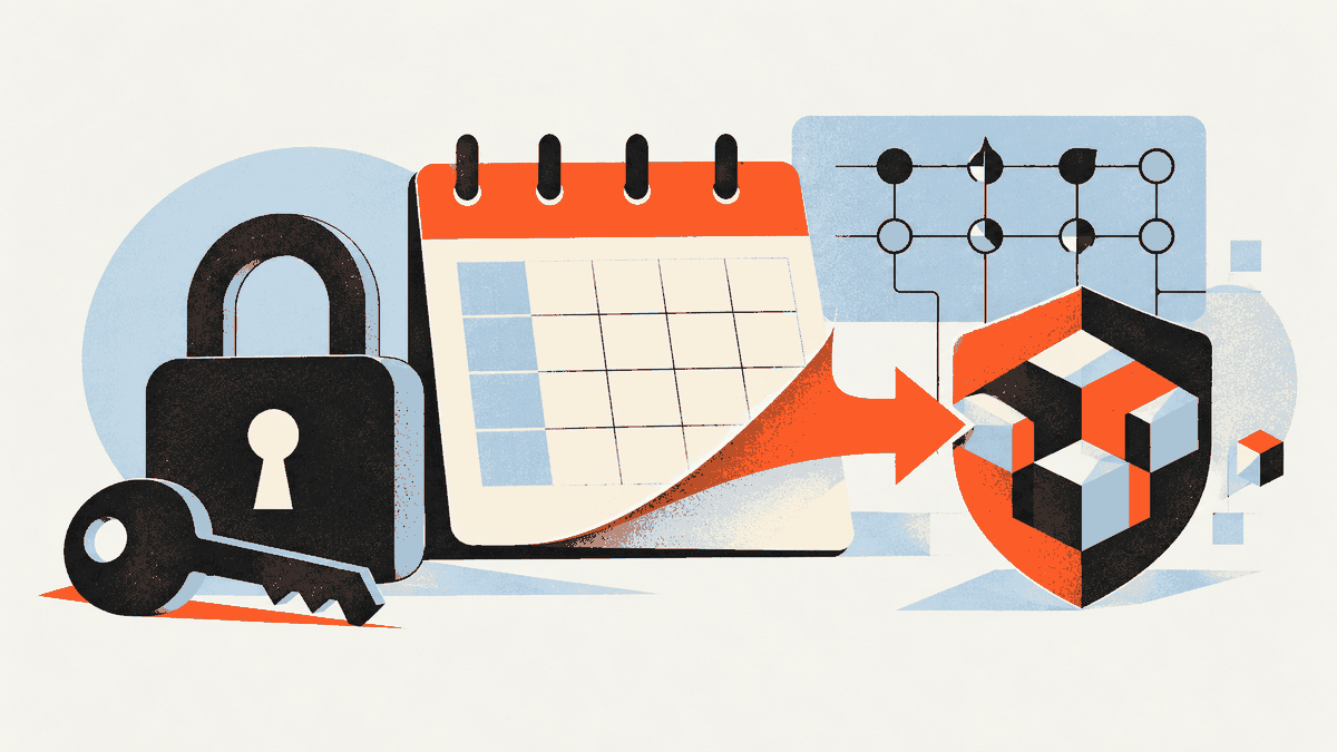 A padlock and key beside a calendar, quantum circuit and lattice shield