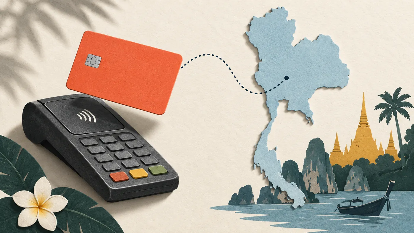 Conceptual payment card and terminal beside a paper map of Thailand