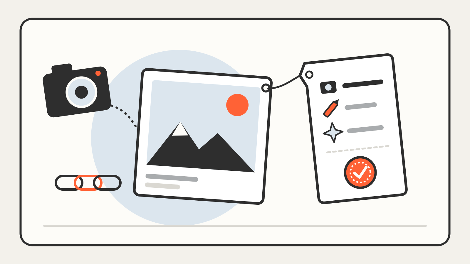 A camera and a photo print with a tag attached that lists capture, edit and AI steps above a signed check seal