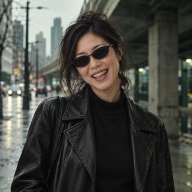 Street portrait of Jules Han in black sunglasses