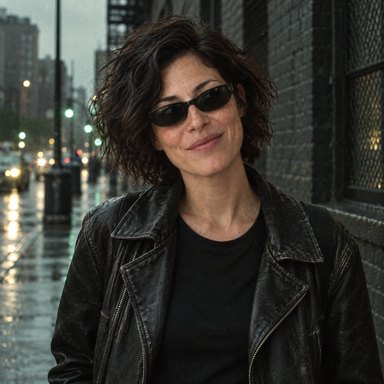 Street portrait of Tess Calder in black sunglasses